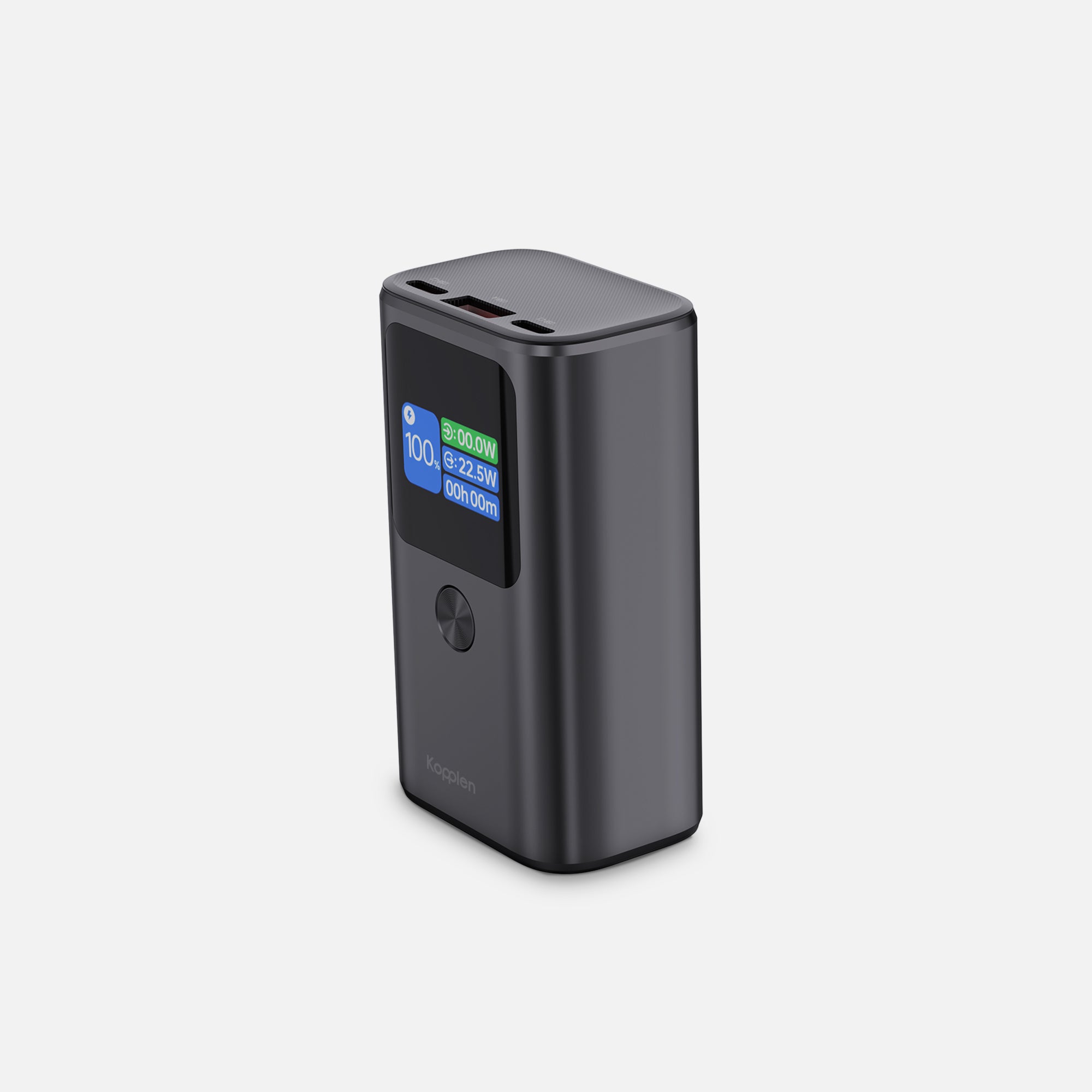 Front quarter view showing ports on top of power bank
