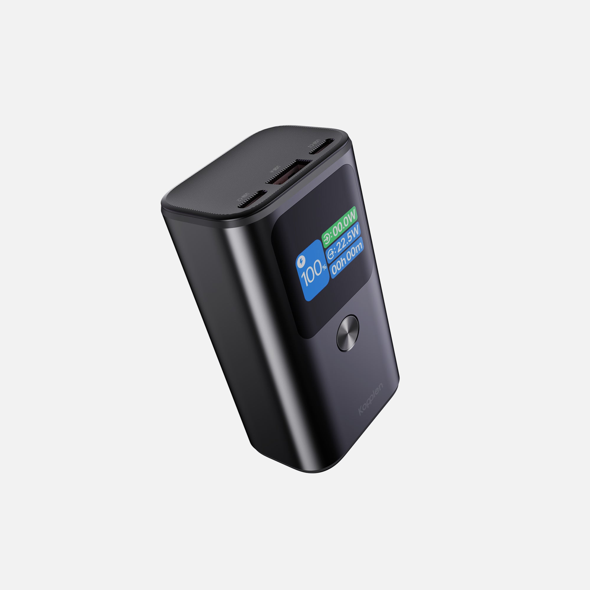 Hero shot of power bank with LCD screen and ports on top
