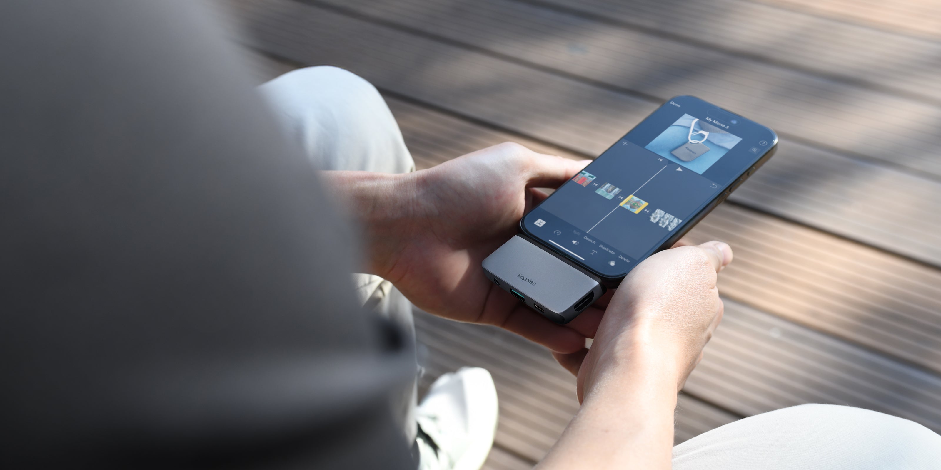 Phone with fixed usb hub in held in hands