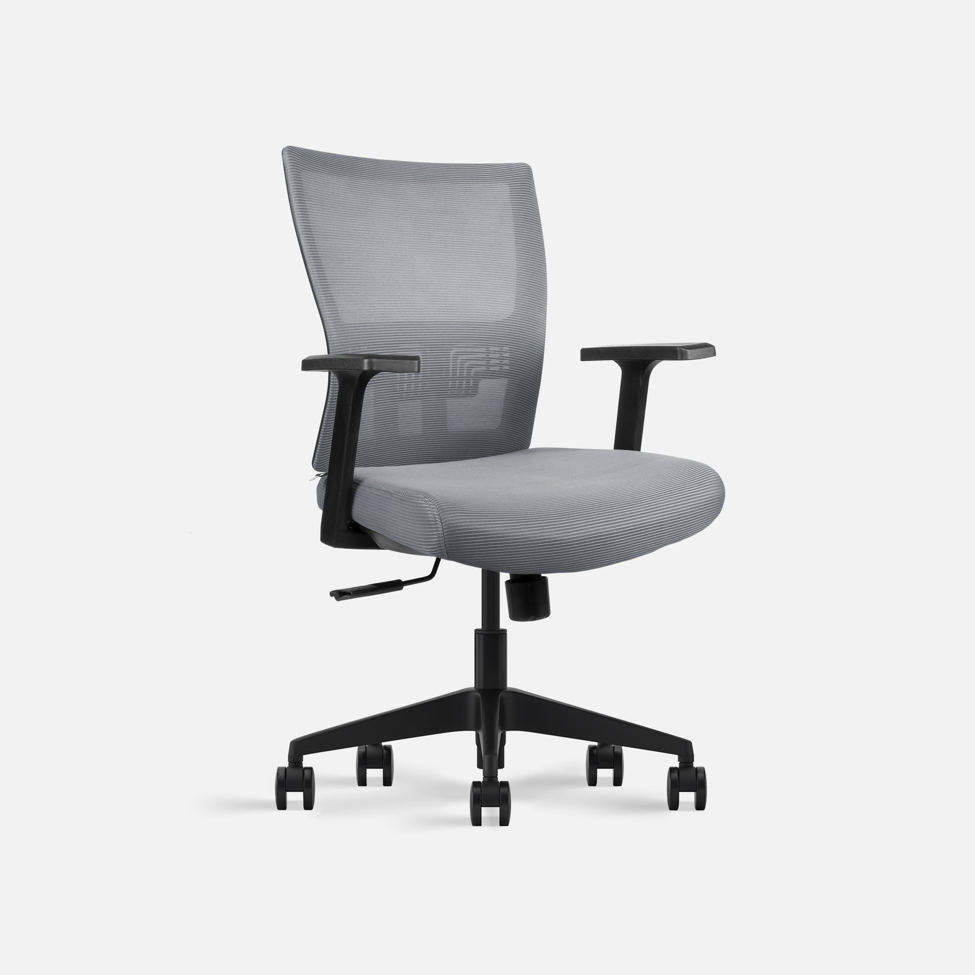 Front quarter of grey office chair