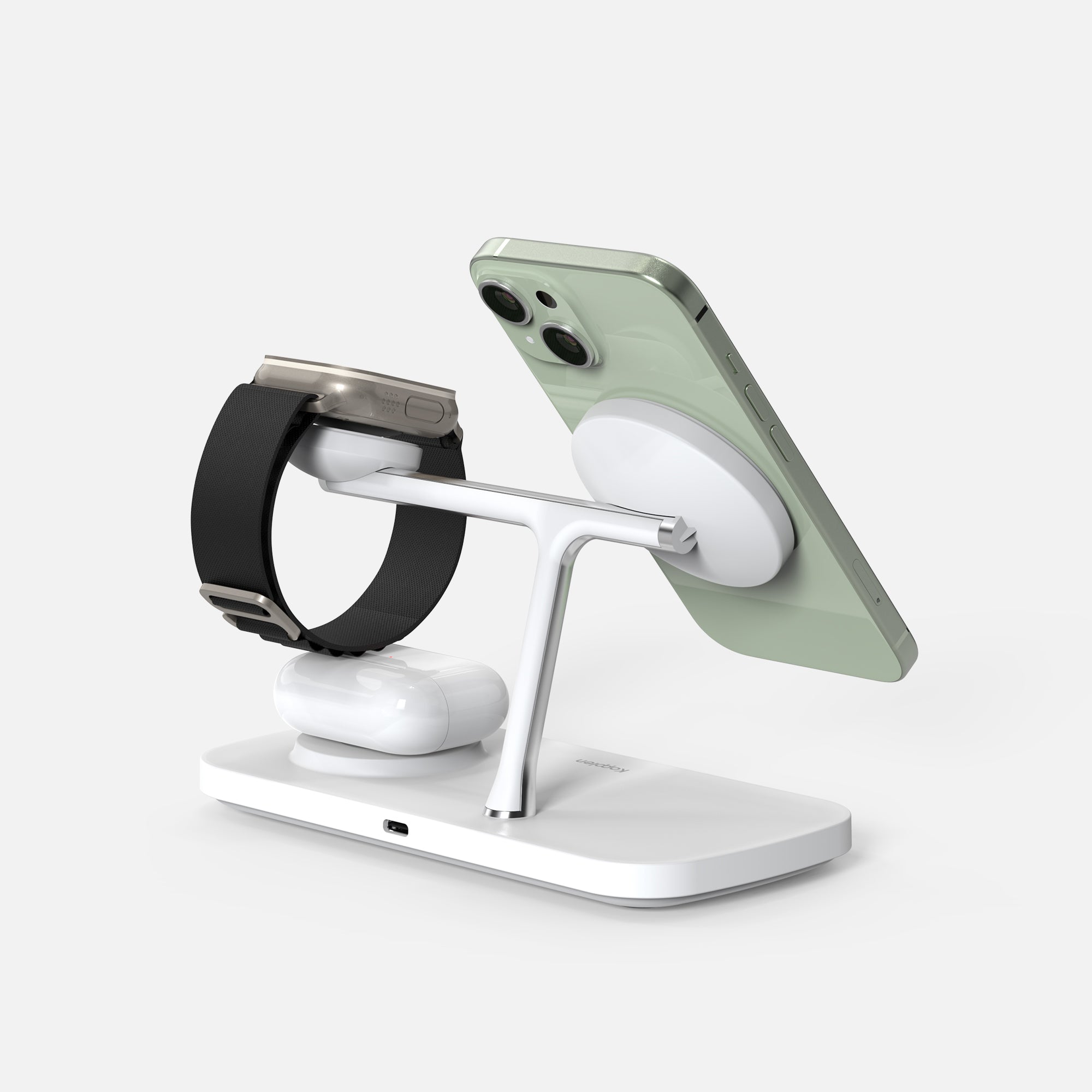 Rear side view of 3-in-1 charging station with phone, watch and earphones