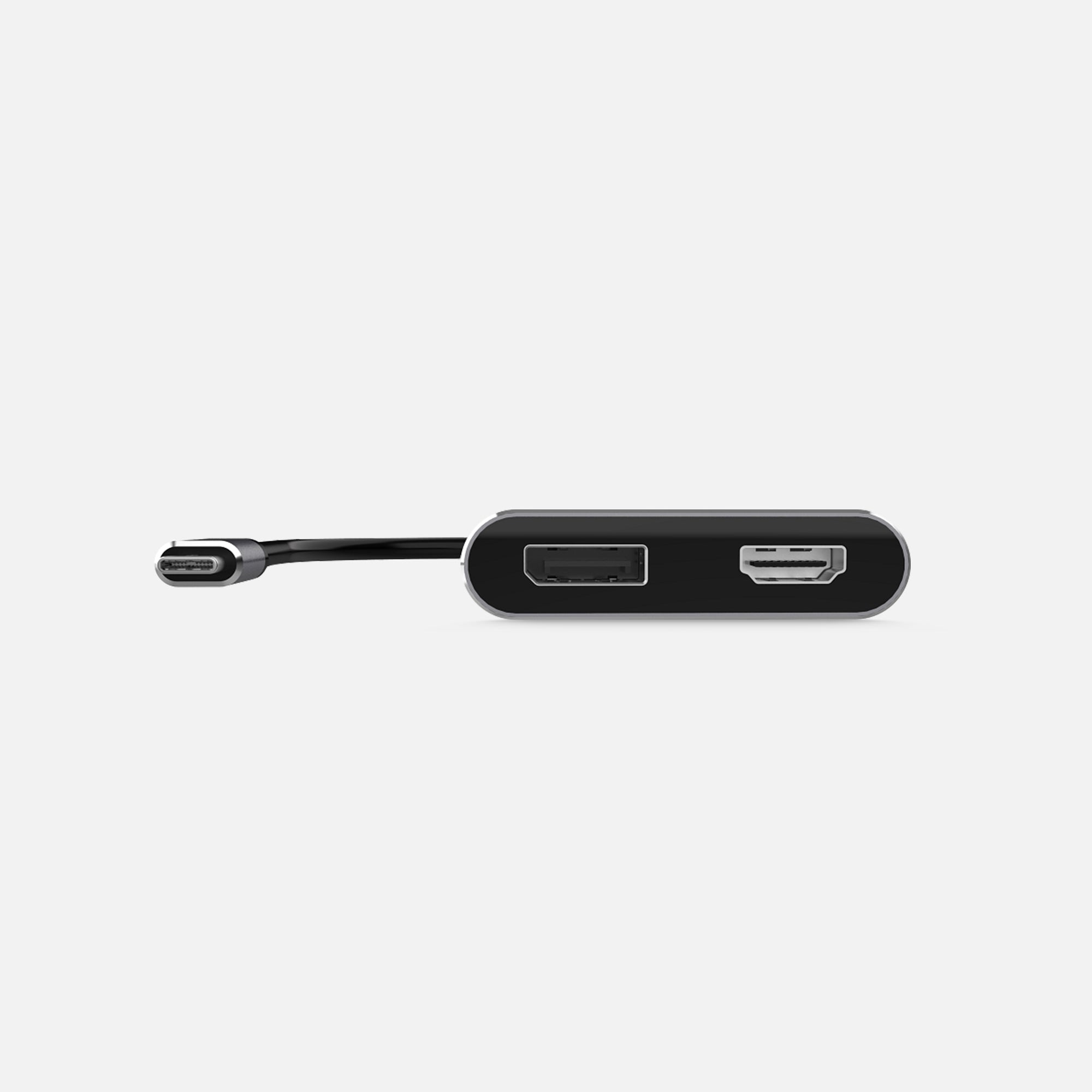 USB-C connector cable and a DisplayPort and HDMI female ports on the hub body