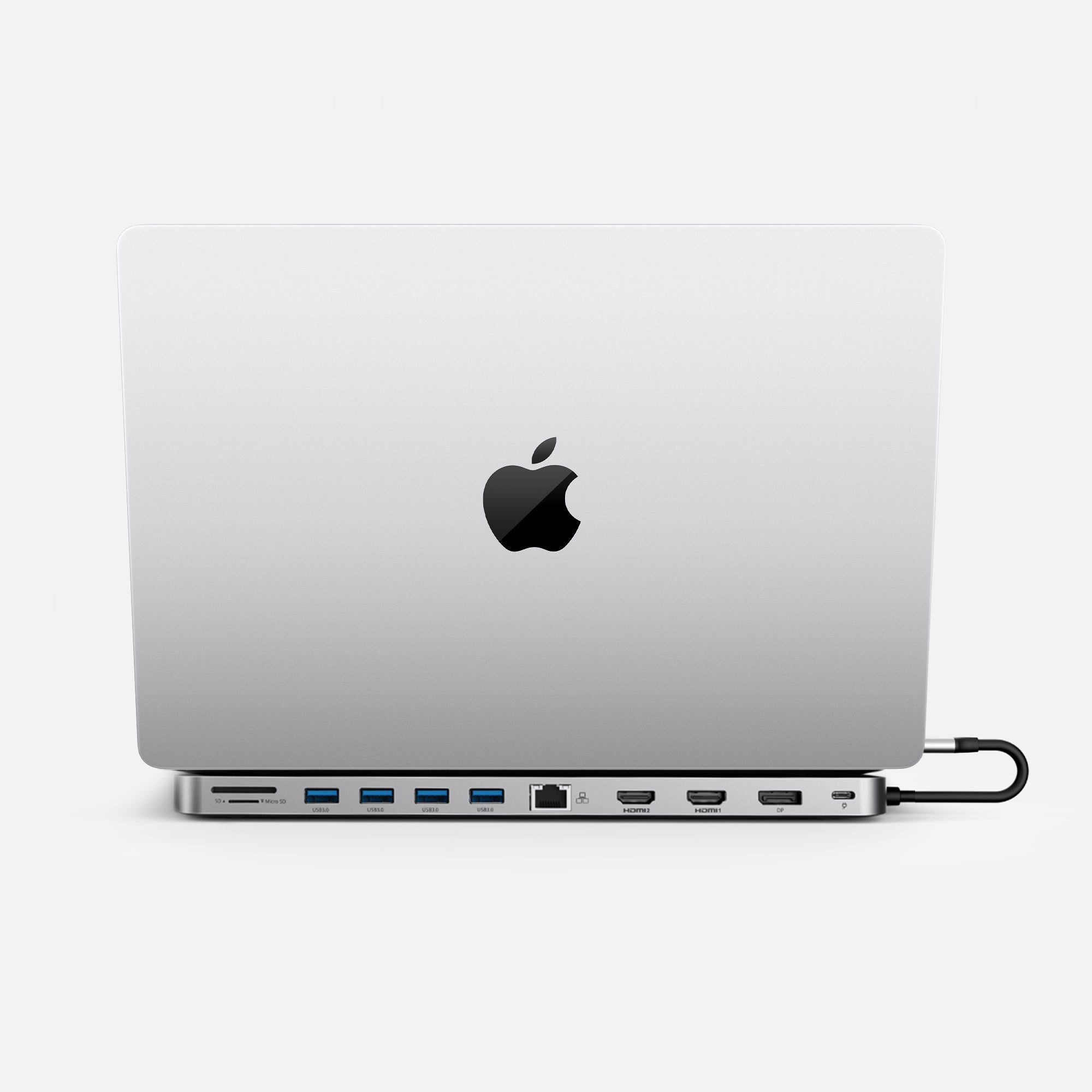 Rear view of dock with MacBook Pro mounted on top of the docking station