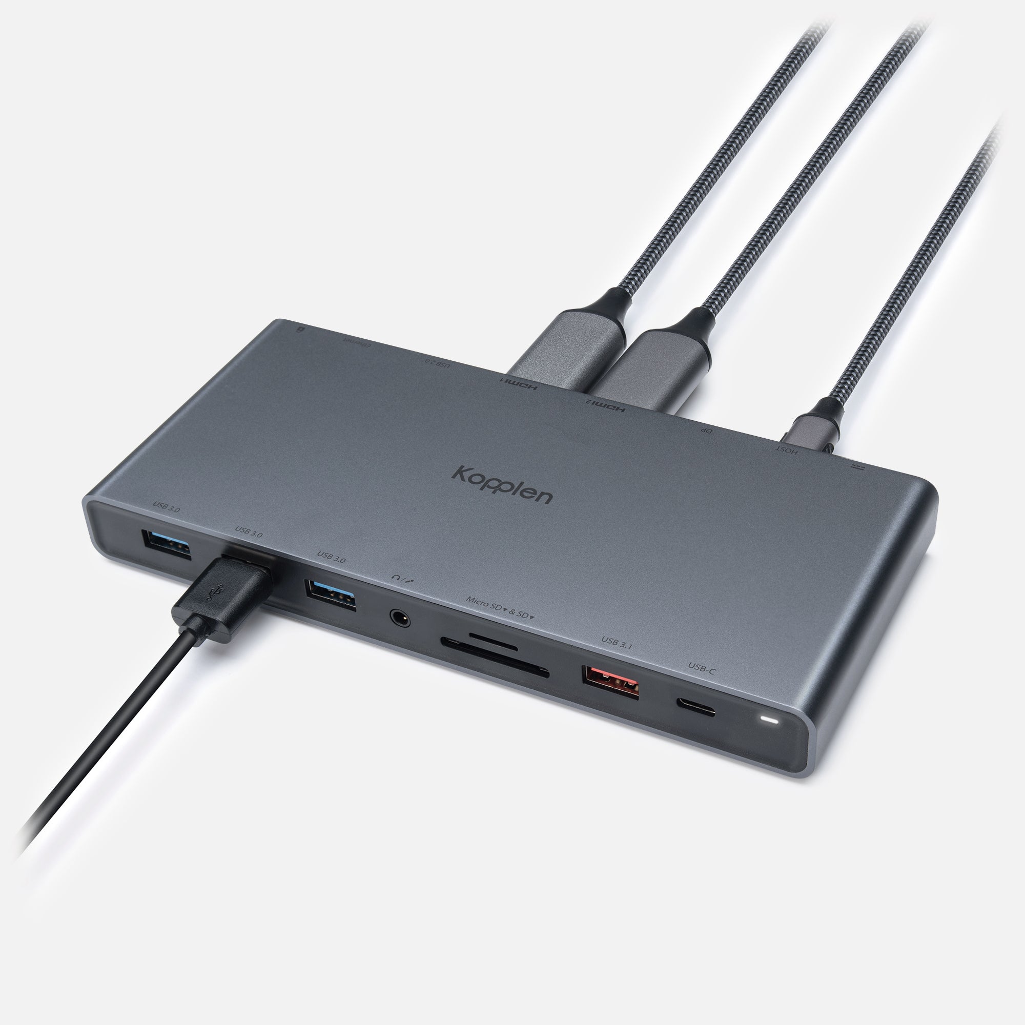 USB-A, USB-C and two HDMI cables plugged into the docking station
