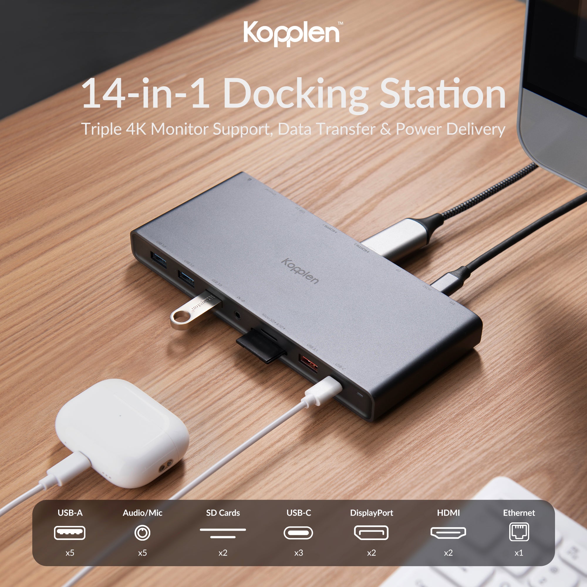 Docking station with cables plugged in, SD card and charging earphones.