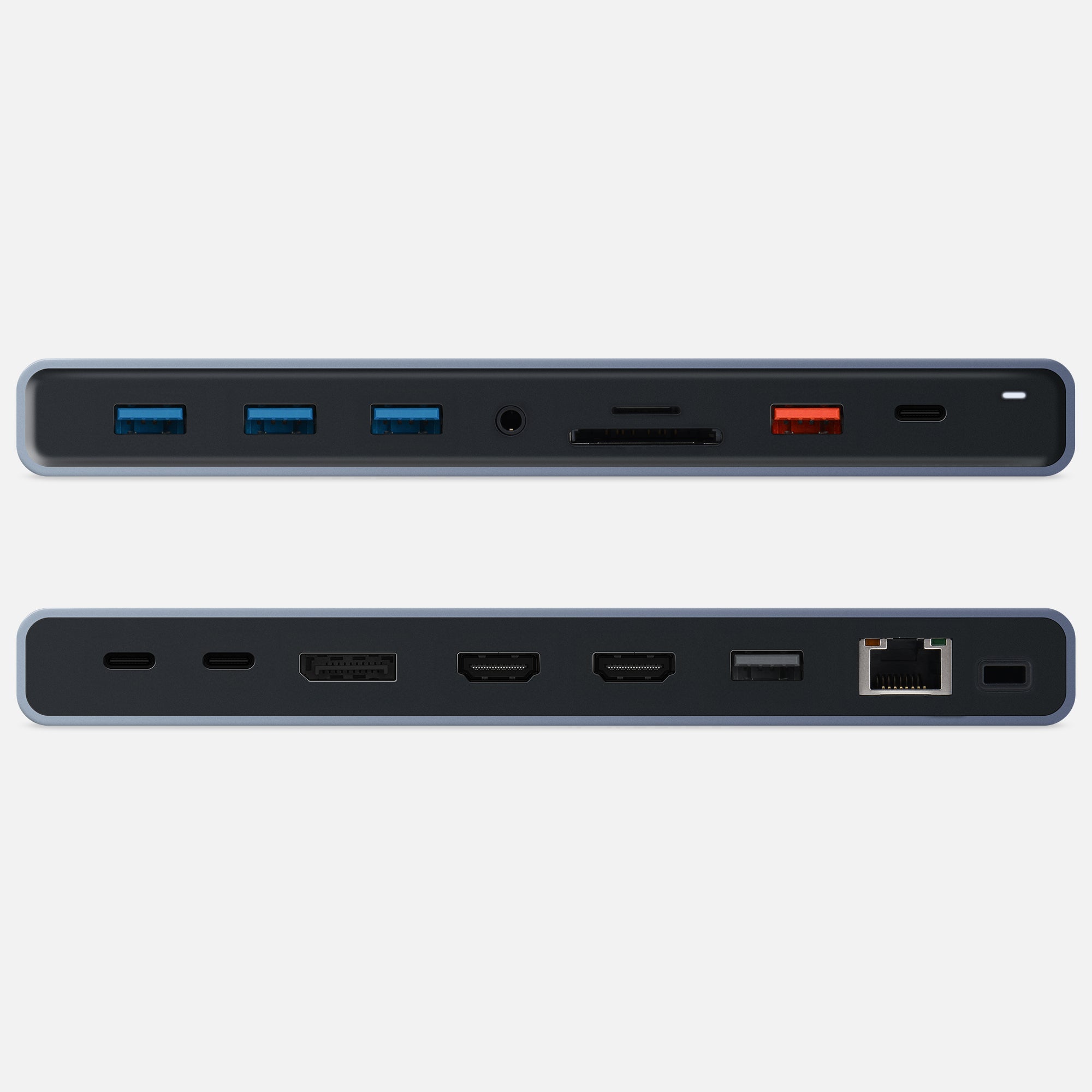 Side view showing the ports on the front and rear of the dock