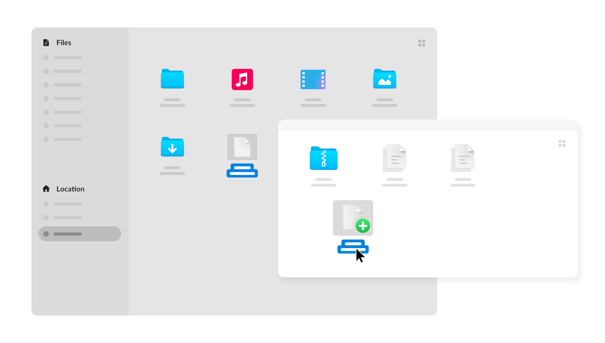 Graphic of file transfer between computer and folder in a separate window