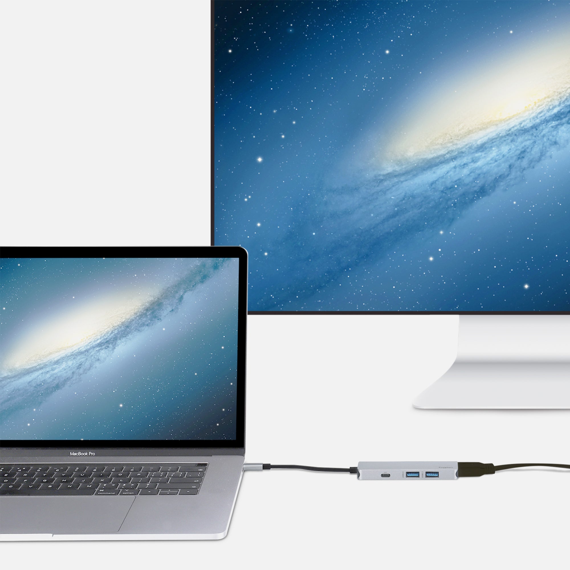 Hub plugged into MacBook and HDMI cable plugged into external monitor