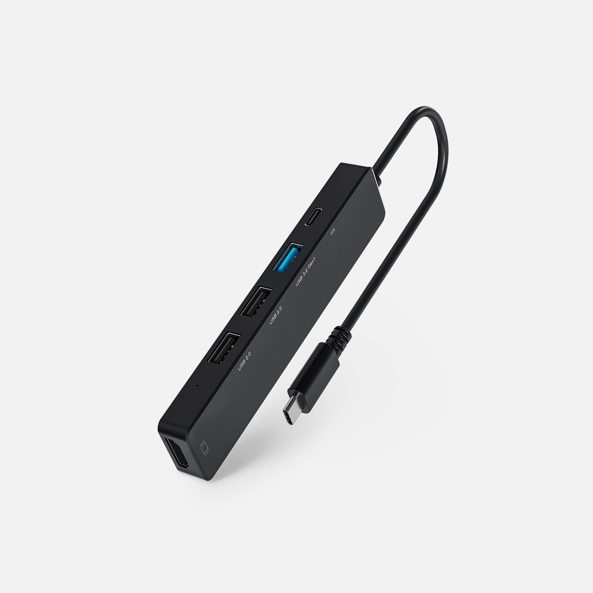 Angled side view of USB-C hub displaying connectivity ports