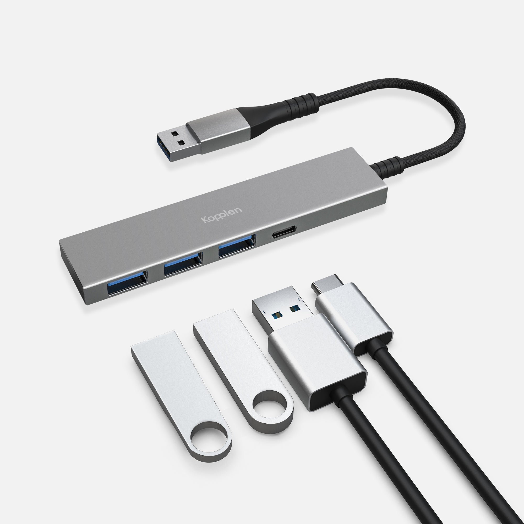 Cables and USB drives plugging into hub