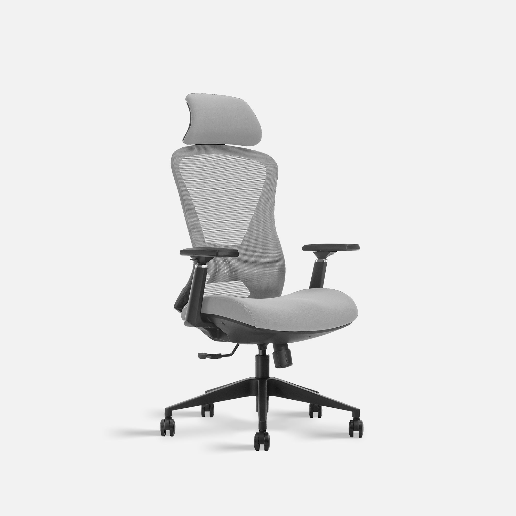 Front quarter view of grey office chair