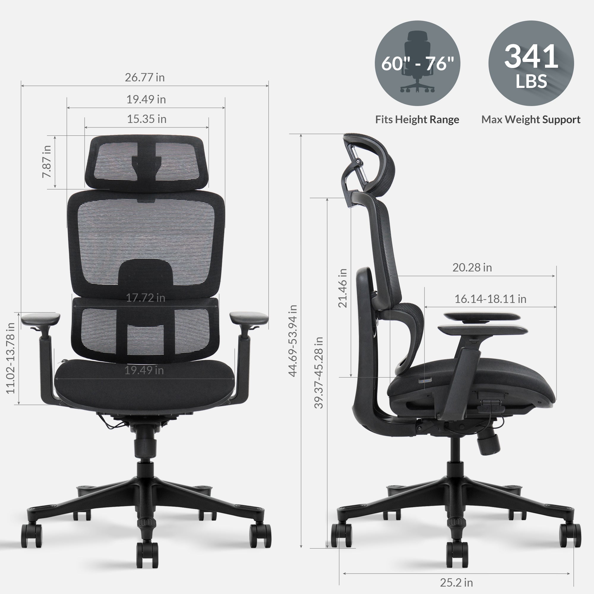 Office chair infographic showing variable heights and adjustments of the Nucleus office hair