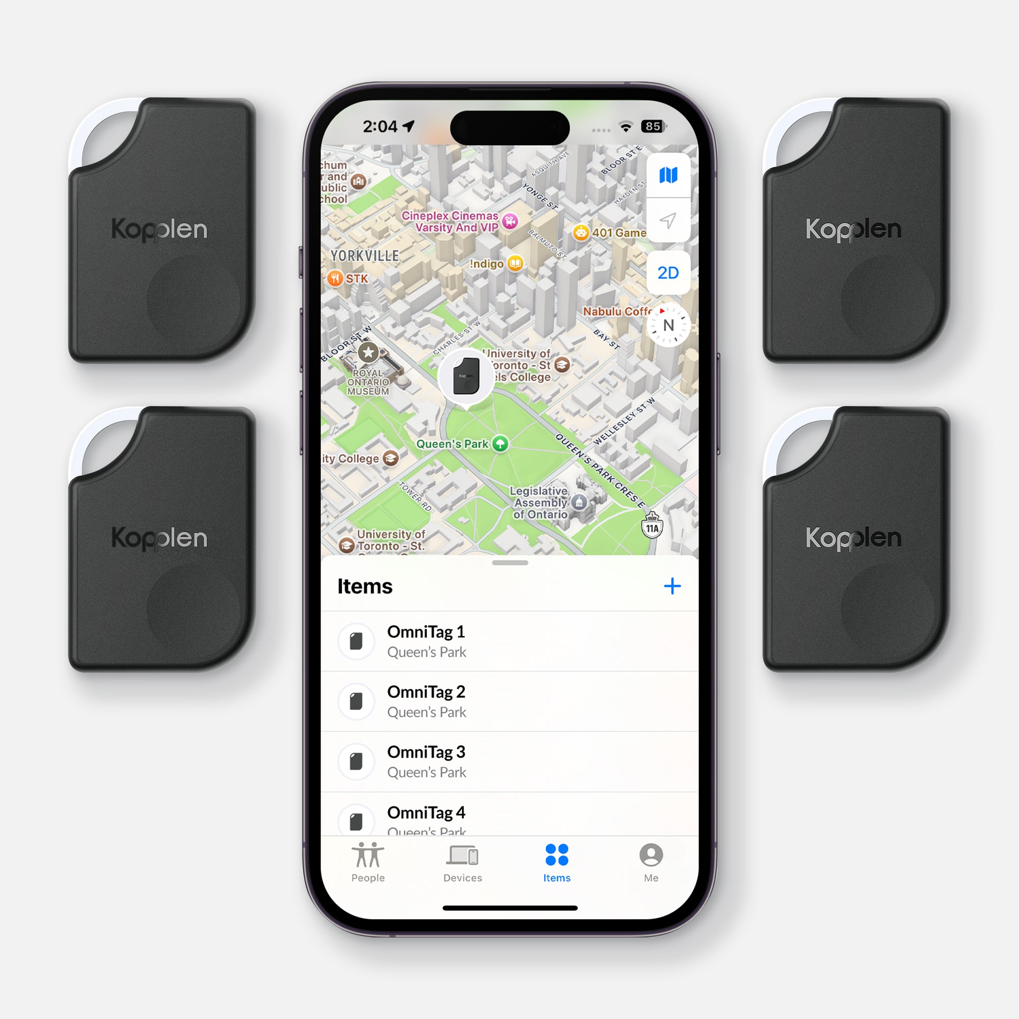 4 OmniTags linked up to an iPhone flatlay