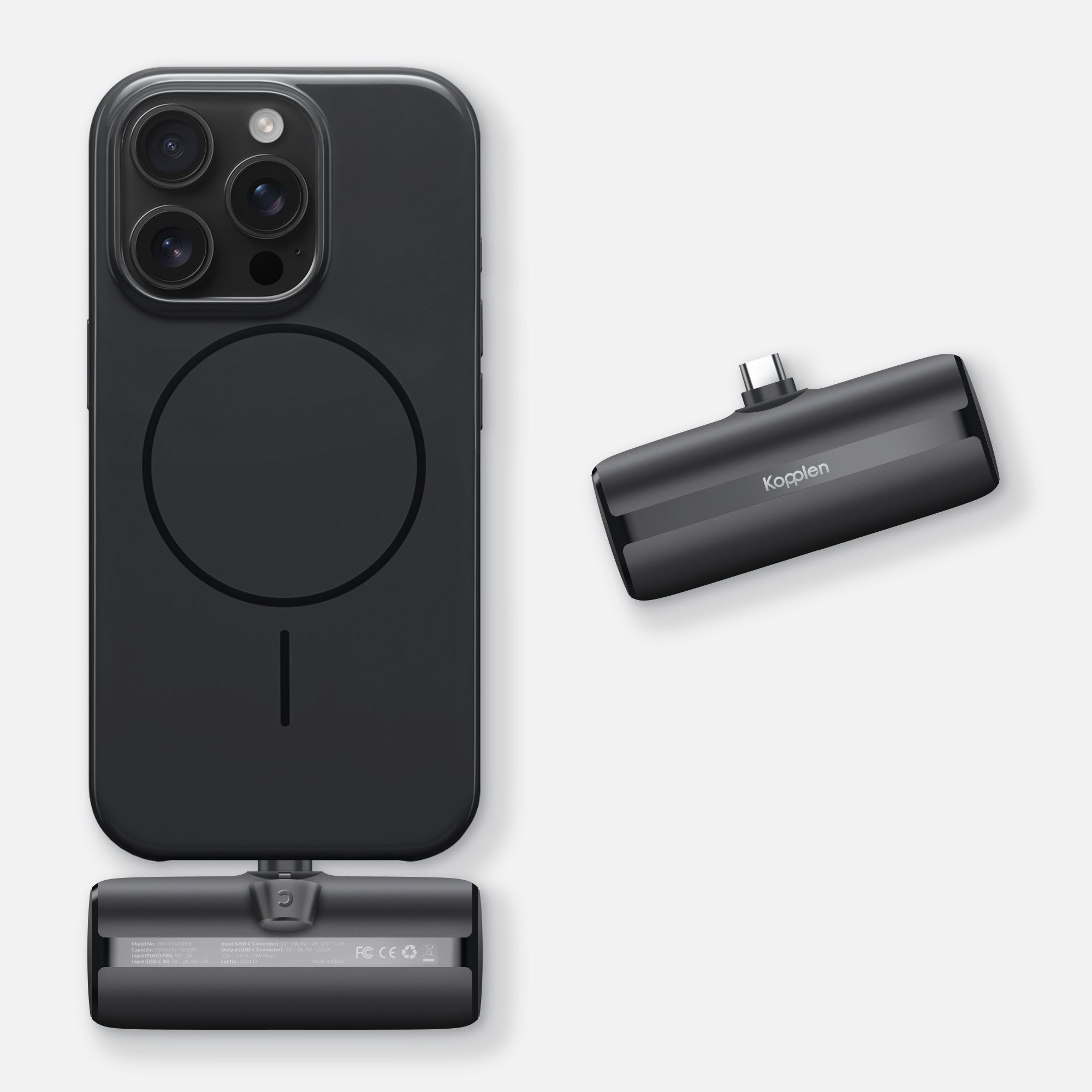 grab and go power bank plugged into iphone and another laying now to the iphone