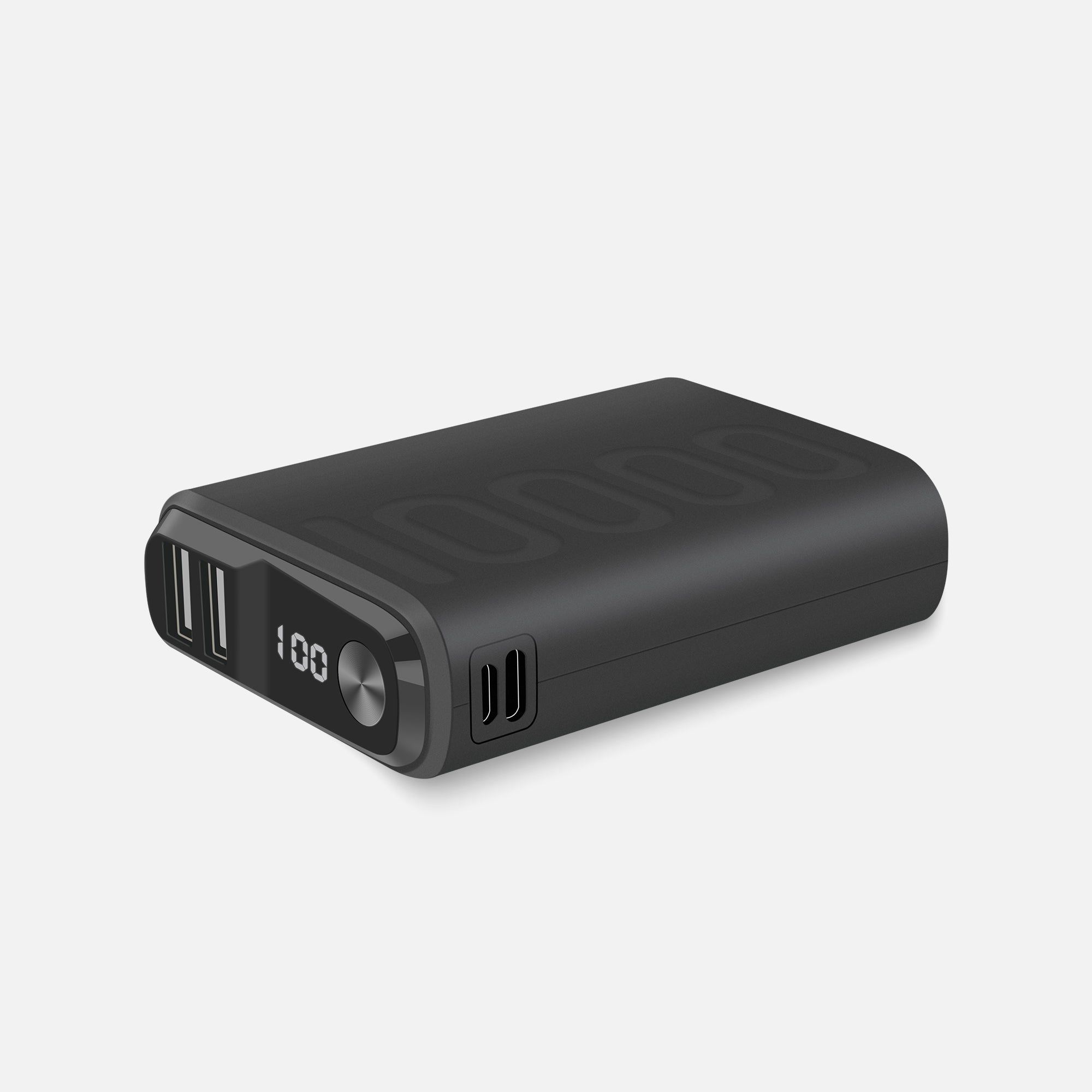 Angled view of power bank laying on its back