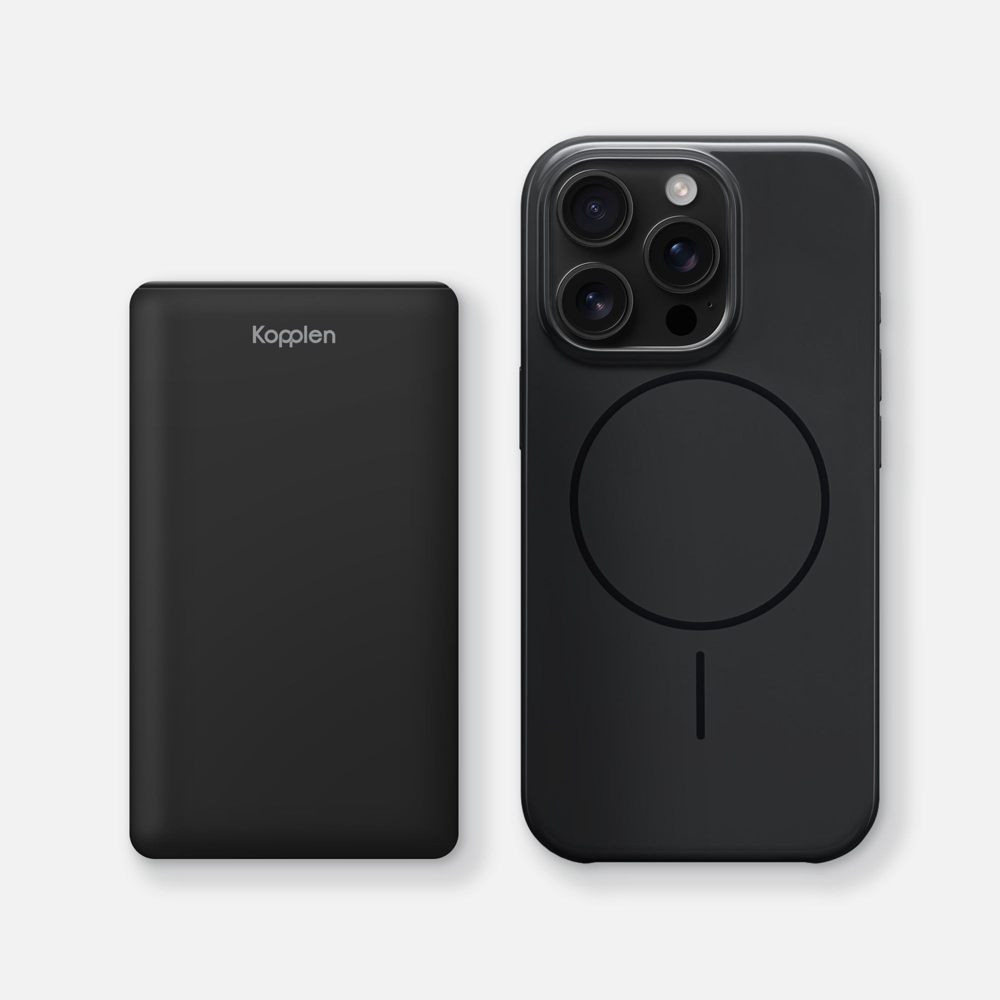PD15 Kopplen Power Bank next to iPhone 16 Pro