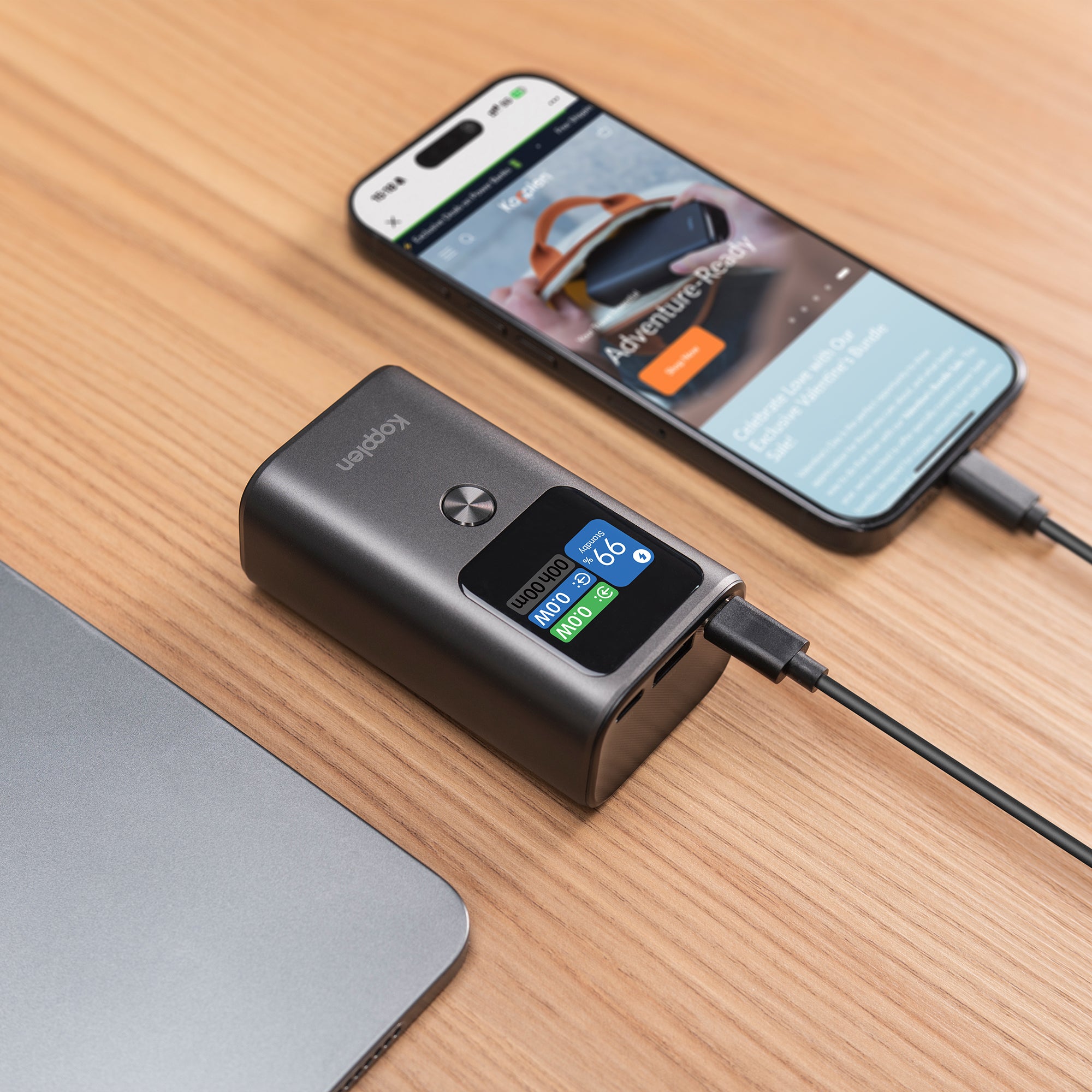power bank with timer functions charging an iPhone