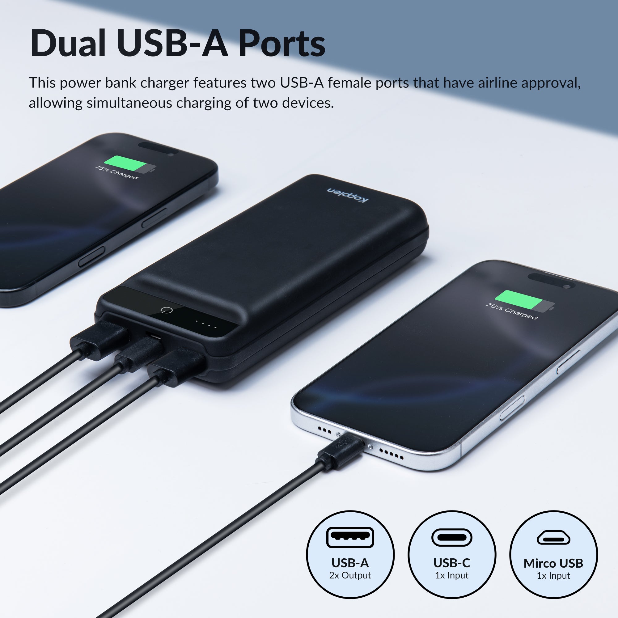 Power bank charging two iPhones