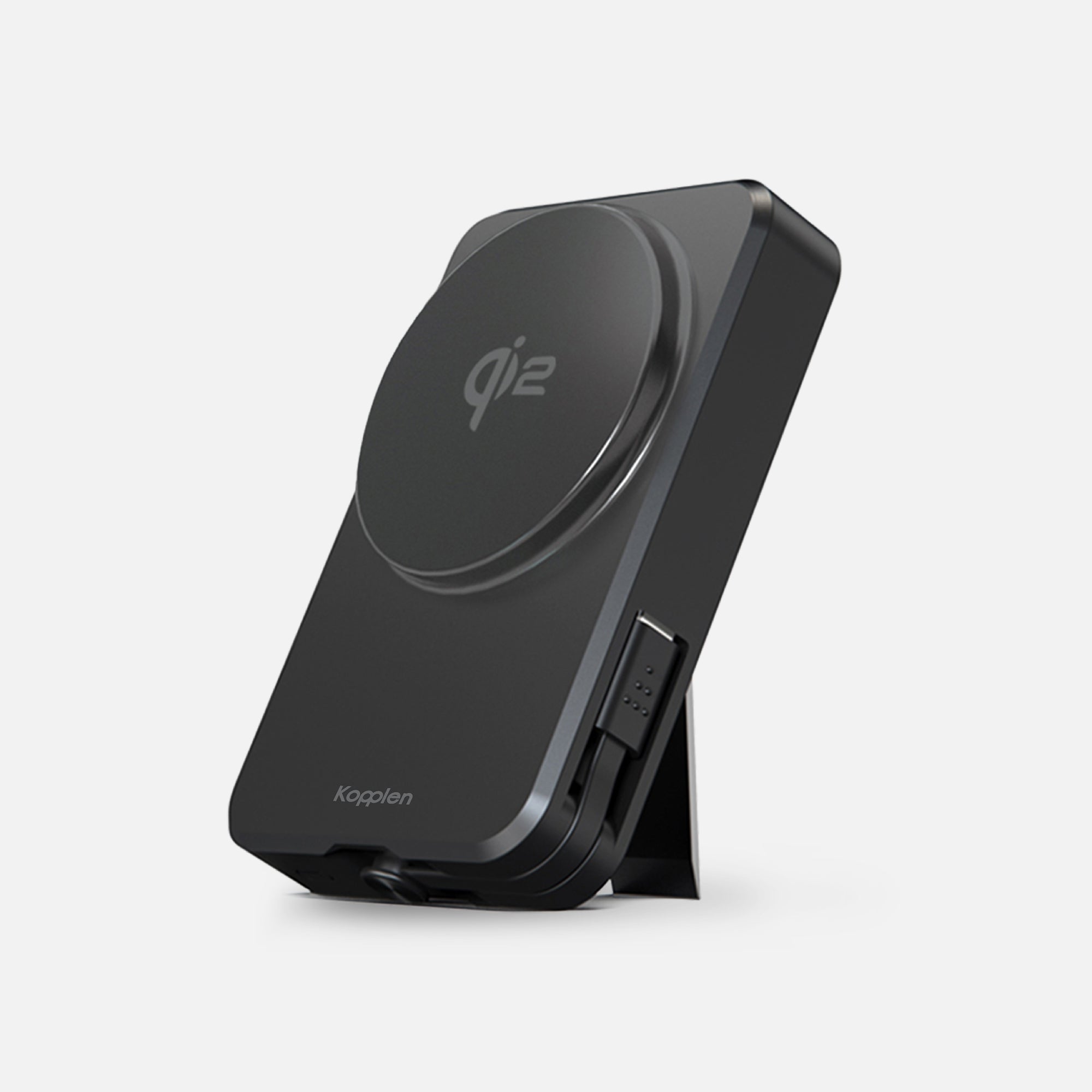 Power bank leaning on built-in stand