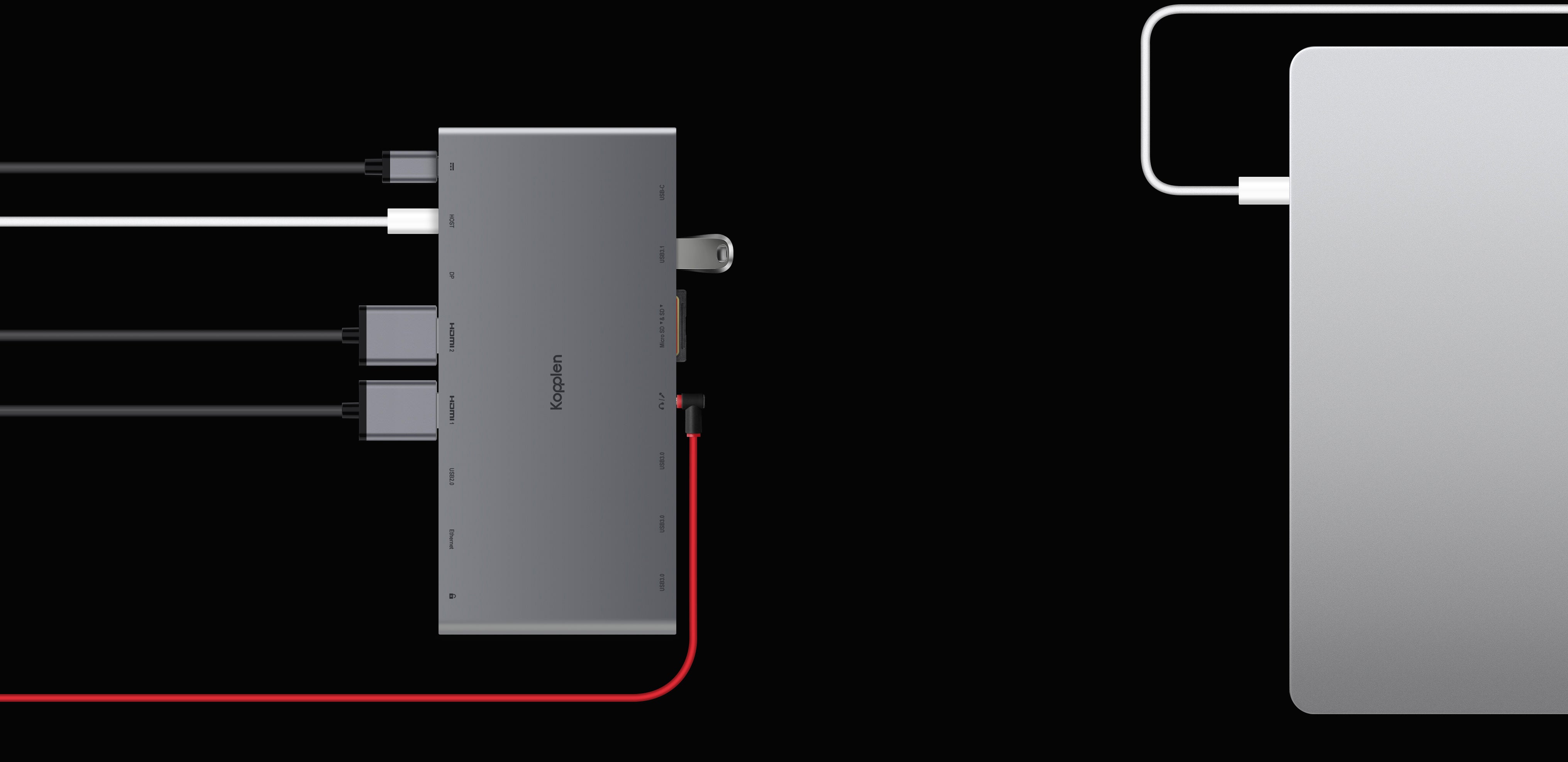 14-in-1 docking station flatlay plugged into laptop