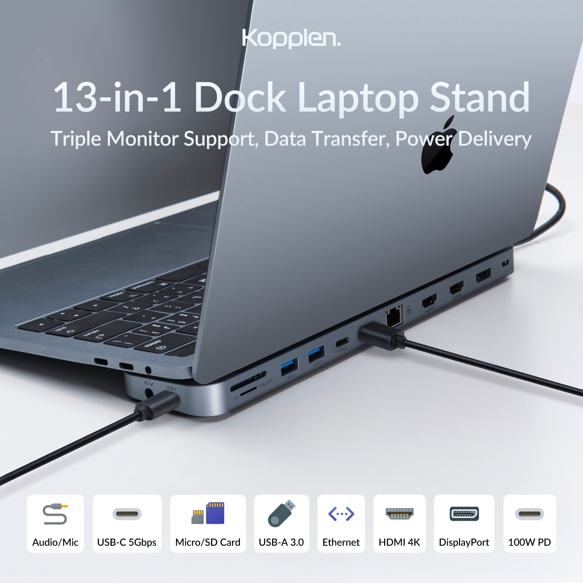 13-in-1 Laptop Stand Docking Station | Triple Display, Power Delivery, Data Transfer